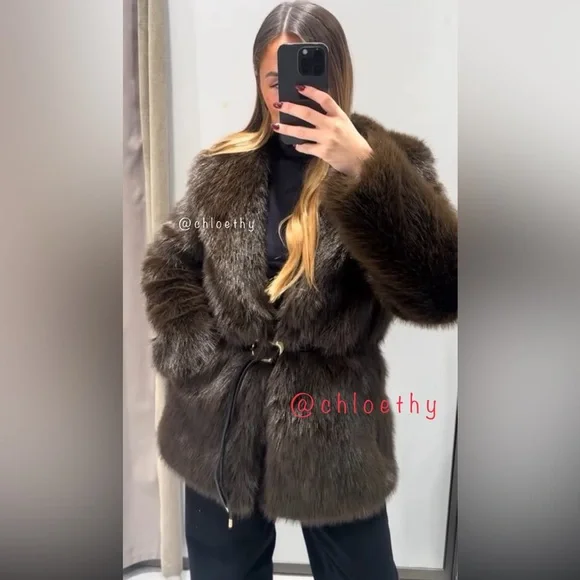 Zara FAUX FUR COAT WITH BELT - Picture 9 of 13
